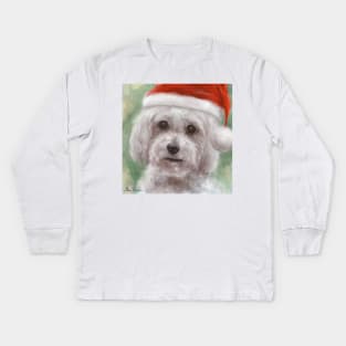 Painting of a Cute Poodle Maltese Mix with Red Santa Hat Kids Long Sleeve T-Shirt